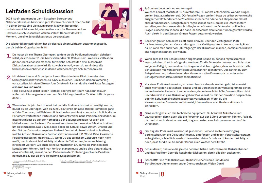 #PolitischeBildung im Superwahljahr: Initiative Schuldiskussionen 2024
Leitfaden 'Schuldiskussion' der Wiener Bildungsdirektion mit Tipps für Debatten zu #EUropawahl ff. erschienen 
bildung-wien.gv.at/service/Aktuel…
@heinrich1110 @Zentrum_polis @Europarl_AT @OeParl @poledu_at @sanneweber