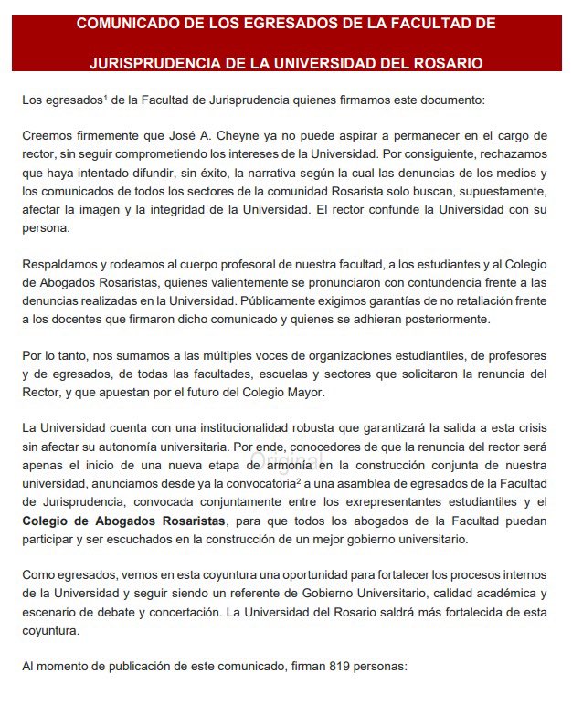 EgresadosJuris's tweet photo. Comunicado a la comunidad rosarista y la opinión pública de 819 egresados de jurisprudencia UR. 

Los esperamos en la asamblea del 20 de abril de 2024, a las 11 am,  virtual. Convocamos con el Colegio de @abogadosrosaris 

#CheyneRenuncie #SalvemosLaUR

🧵 con todas las firmas 👇🏼 https://t.co/AOvPJJs8Lo