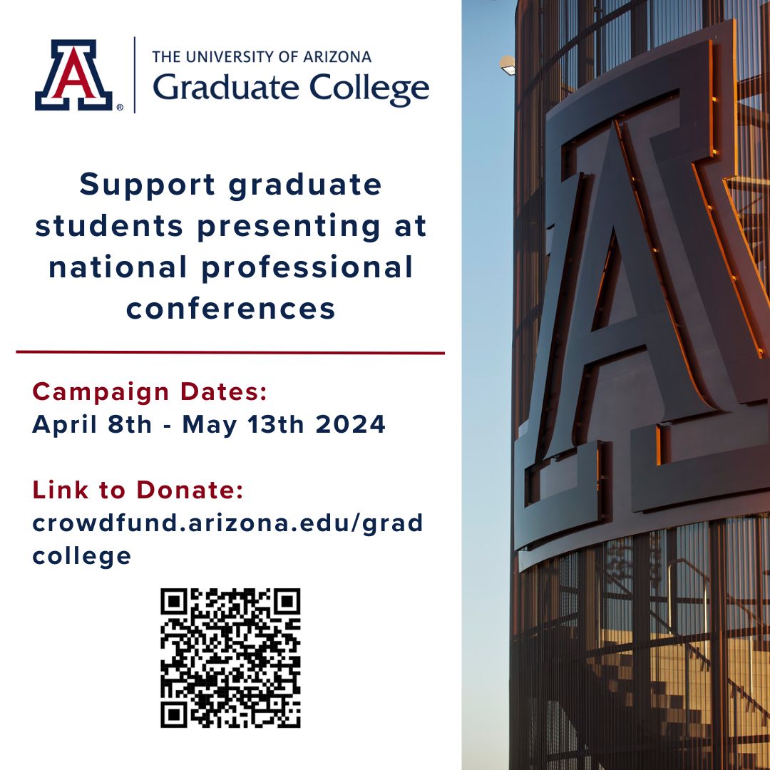 The Graduate College is raising funds to support graduate students attending national and international conferences! Give now at crowdfund.arizona.edu/gradcollege. 🎓📚 #UArizona #UAGradCat #GradSchool