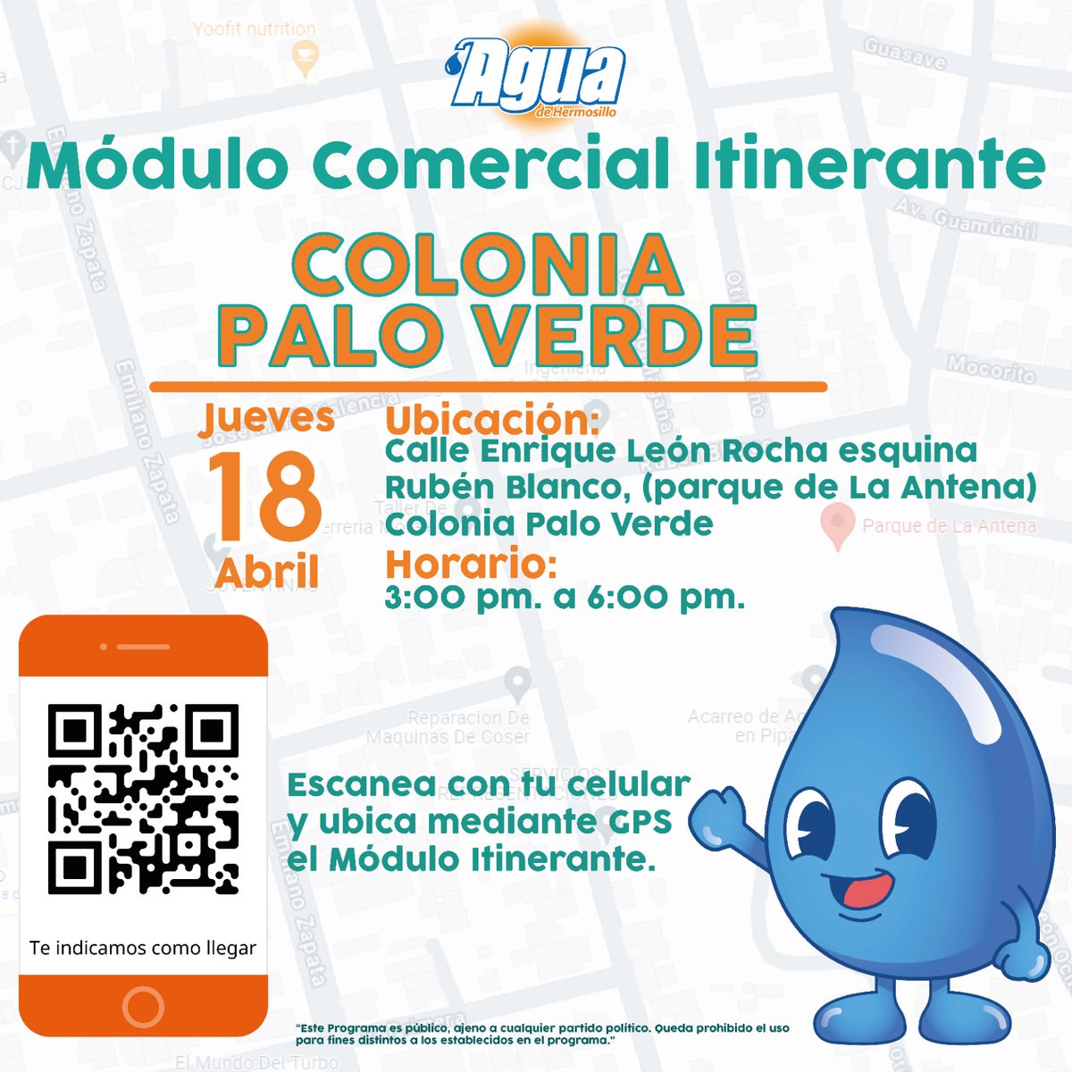 📢Este Jueves 18 de Abril estaremos ubicados en calle Enrique León esq. Rubén Blanco, en el 📍Parque La Antena de la colonia Palo Verde con nuestro Módulo Comercial Itinerante, para brindarte atención personalizada. ¡Te esperamos a partir de las ⏰3:00pm!