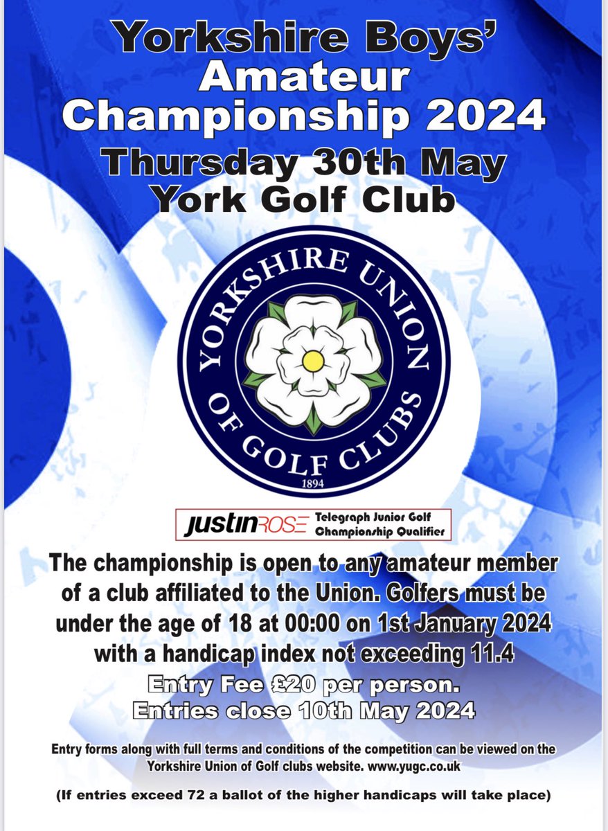 Entry to the renowned @YUGCUK Boys Amateur Championship at York GC is open! The last time a @HdugcJ member won the event was nine years ago in 2015 when @OtleyGolfClub’s George Muscroft beat the @SheffGolfUnion Bailey Gill by three shots! Enter now: yugc.co.uk/event-entry-gg/