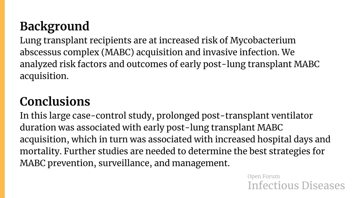 Risk factors for and outcomes following early acquisition of Mycobacterium abscessus complex after lung transplantation ✅ Just Accepted 🔓 Open Access ✍️ @SophieNick6 🔗 doi.org/10.1093/ofid/o…'