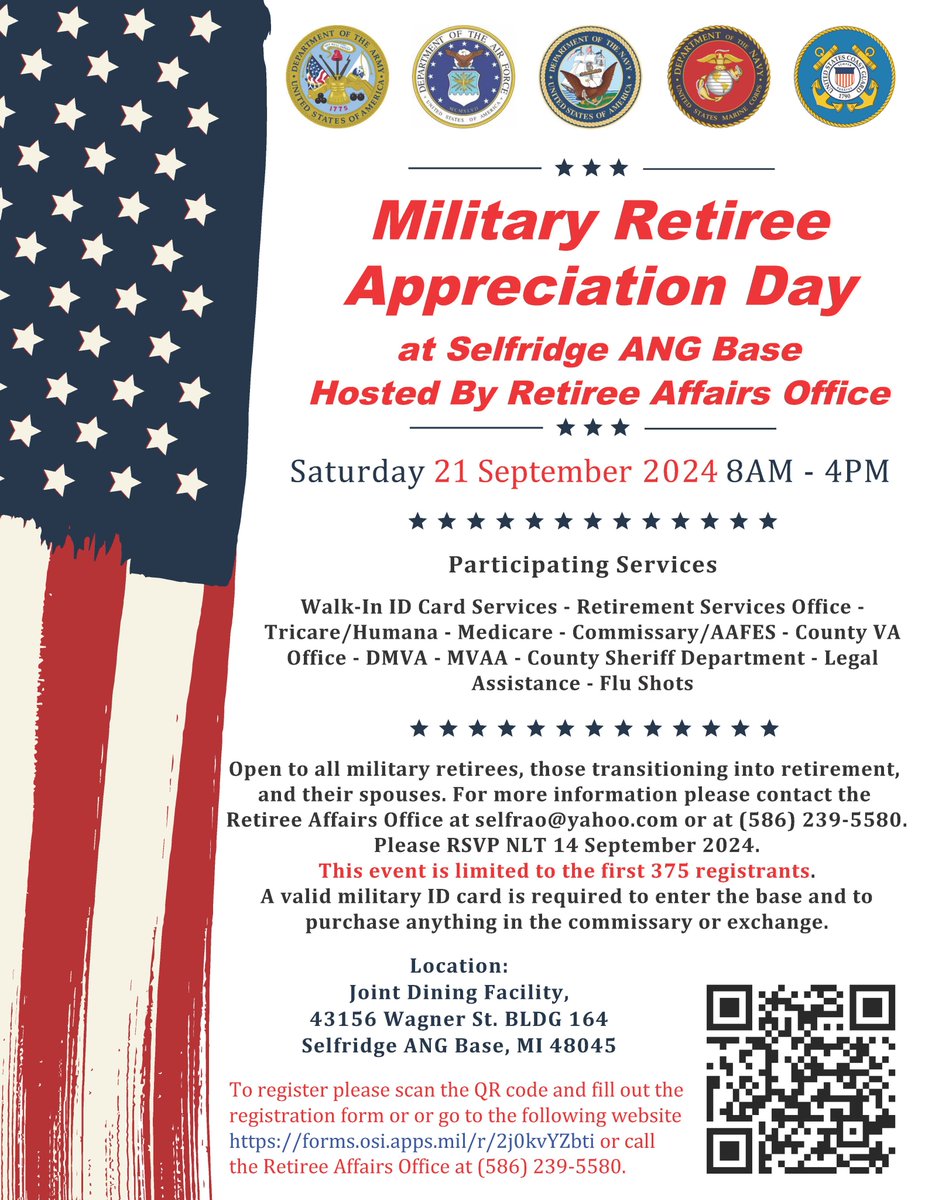 There will be a Military Retiree Appreciation Day at Selfridge ANG Base on September 21st from 8 a.m. until 4 p.m. To register, please scan the QR code and fill out the registration form.