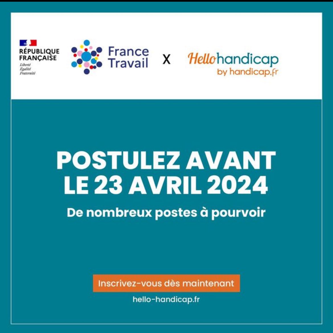 ⏰ [#HelloHandicap ] Participez à l'événement en ligne Hello Handicap : le plus grand salon français dédié au recrutement des travailleurs en situation de handicap, en partenariat #AvecFranceTravail !

✅ Découvrez des milliers d’offres d’#emploi, partout en France et postulez à