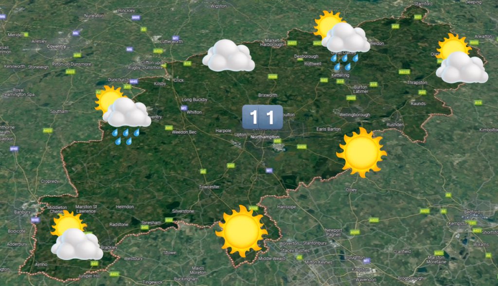 Good evening Northants. Heavy showers continue for the first half of tonight. 4°C. A sunny start to Wednesday before cloud develops to give a few afternoon showers. A northwesterly breeze. 11°C. Dry & bright on Thursday. 13°C.