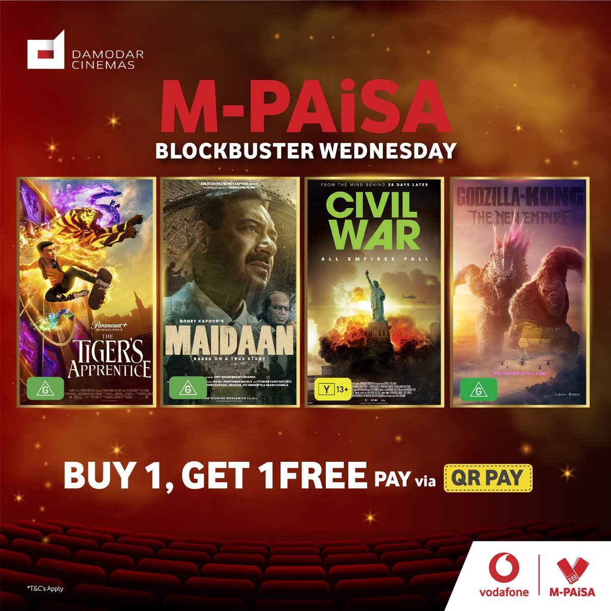 You're spoilt for choice this MPAiSA Blockbuster Wednesday #TigersApprentice #Maidaan #CivilWar #Godzilla ... Buy one movie ticket using QR pay and get another movie ticket FREE!