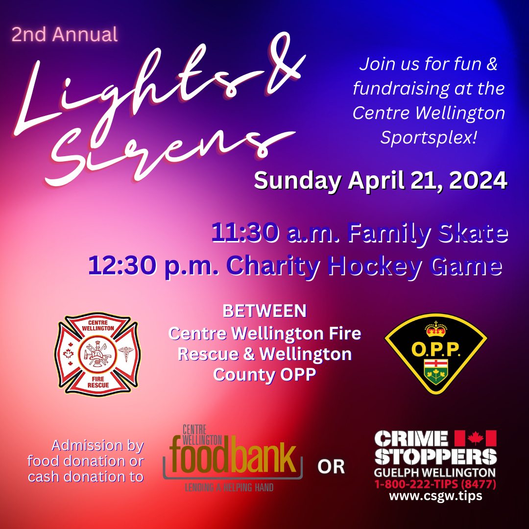 Join us for fun and fundraising at the CW Sportsplex on Sunday, April 21, for a Charity Hockey Game between Centre Wellington Fire Rescue and Wellington County OPP. Admission is by food or cash donations to the CW Food Bank or Crime Stoppers. We'll see you there! 🥅🏒