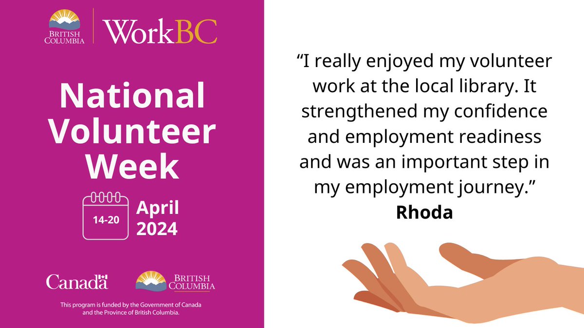 Volunteer work can help you gain work experience and can sometimes lead to paid employment. 

Contact your WorkBC Centre to find out how we can support your employment goal.

ow.ly/7Qn450RetN7

#WorkBC #NVW2024