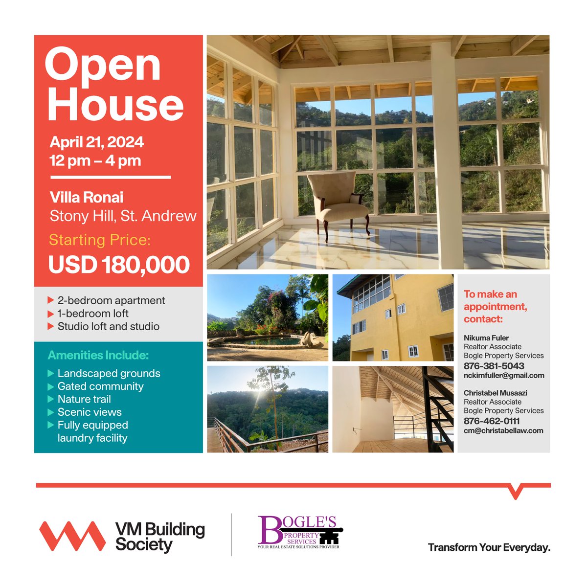 Join the VMBS team along with Bogle's Property Services this Saturday, for an open house at Villa Ronai (Stony Hill, St. Andrew). View what could be your new home from 12 pm to 4 pm. Make your appointment today (see image for details). #VMBS #realestate #openhouse