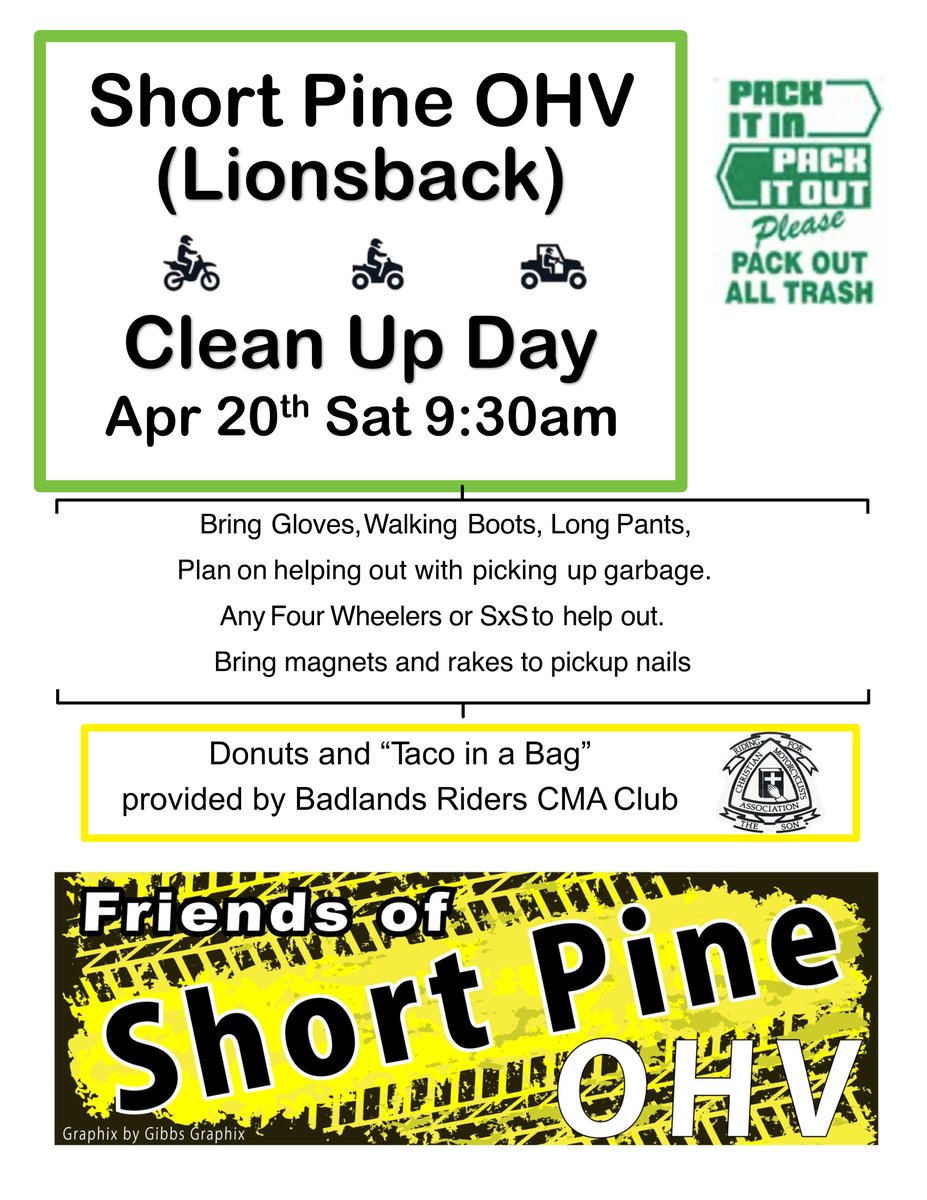 CLEAN UP DAY! Glendive Short Pine OHV Area; April 20 (Saturday) @ 9:30 am.
SEE YOU THERE!

#EasternMontanaDakotasDistrict #EMDD #MCFO #GlendiveShortPineOHVArea