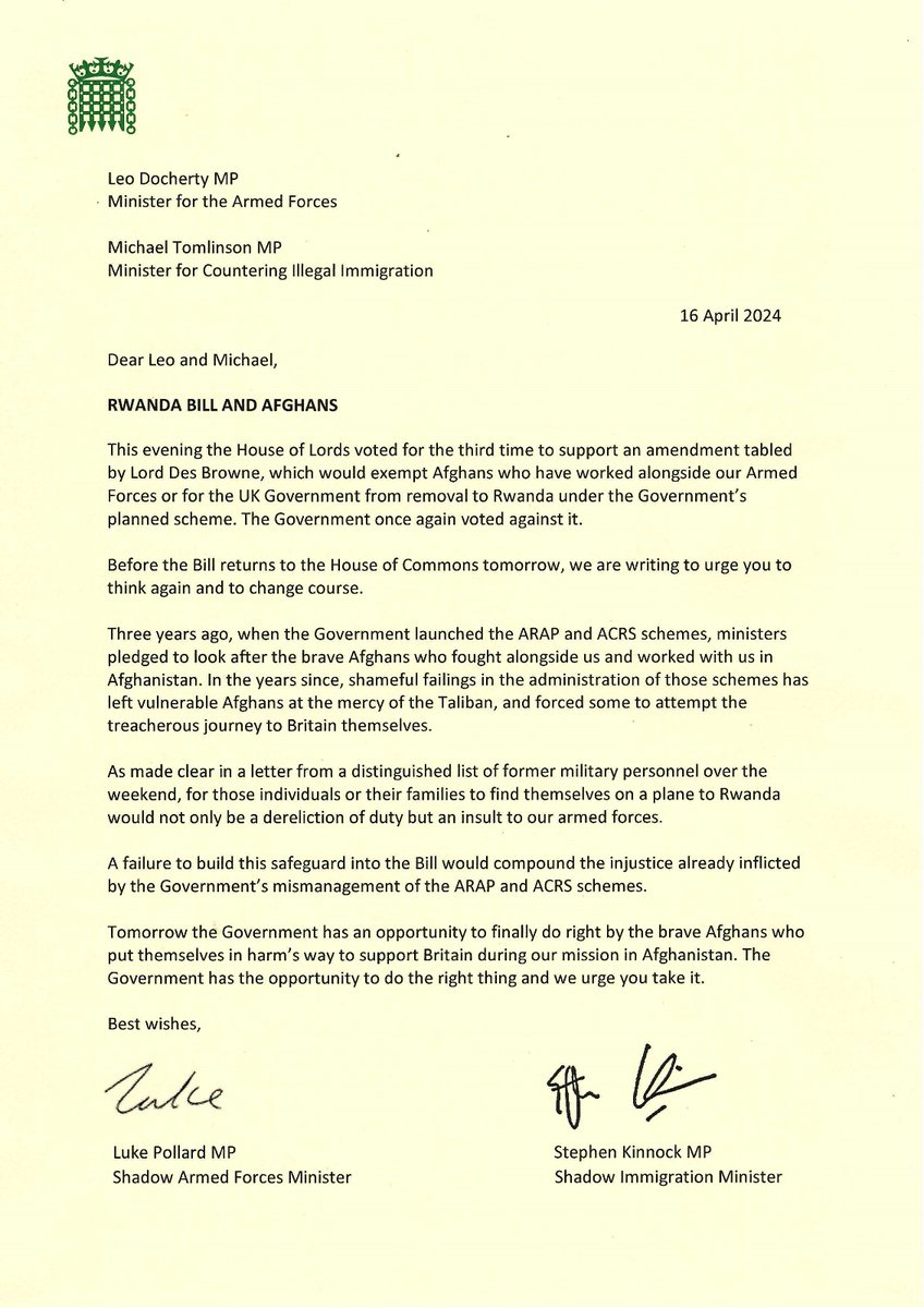 SKinnock's tweet photo. It beggars belief that the Prime Minister could send Afghans who served alongside British troops to Rwanda.

Today the Lords have voted yet again to try to stop this from happening.

Tonight @LukePollard and I have written to Ministers urging them to do the right thing. https://t.co/nF3Z3qwKvf