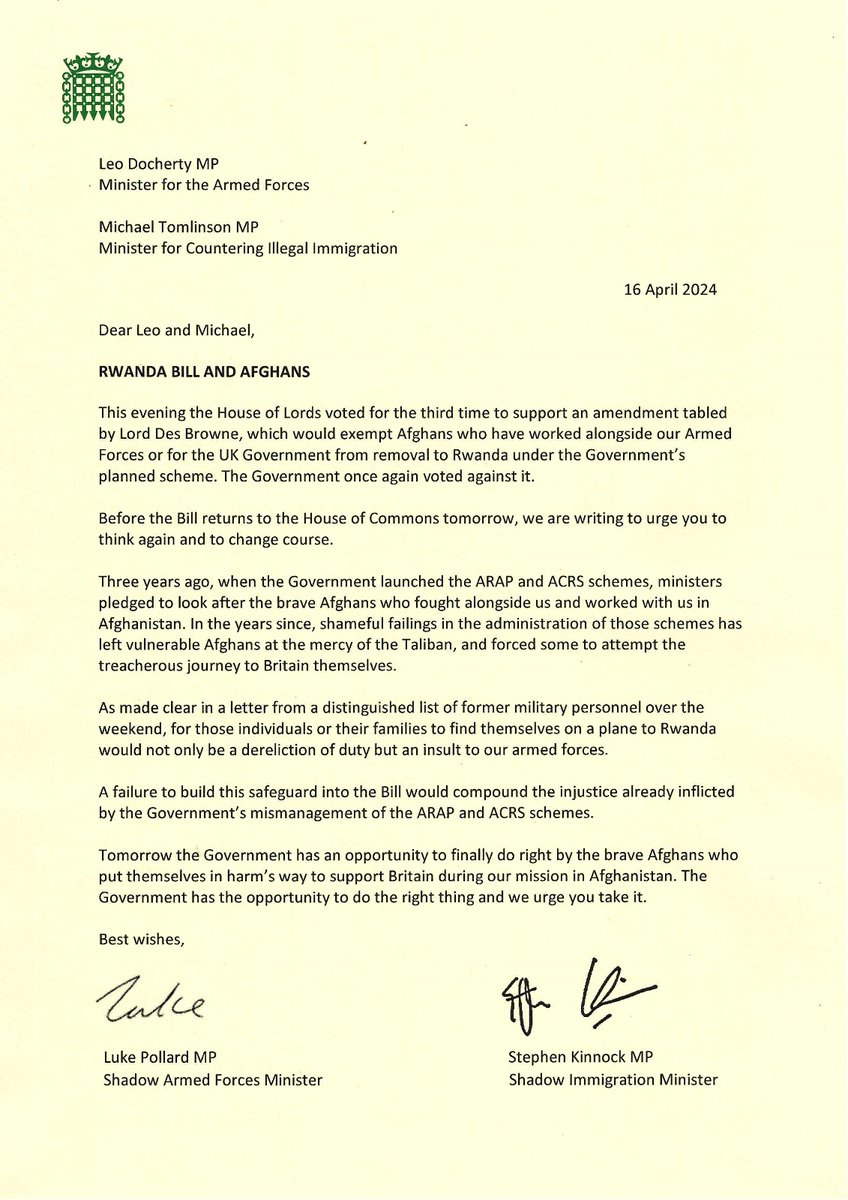 It beggars belief that the Prime Minister could send Afghans who served alongside British troops to Rwanda. Today the Lords have voted yet again to try to stop this from happening. Tonight @LukePollard and I have written to Ministers urging them to do the right thing.