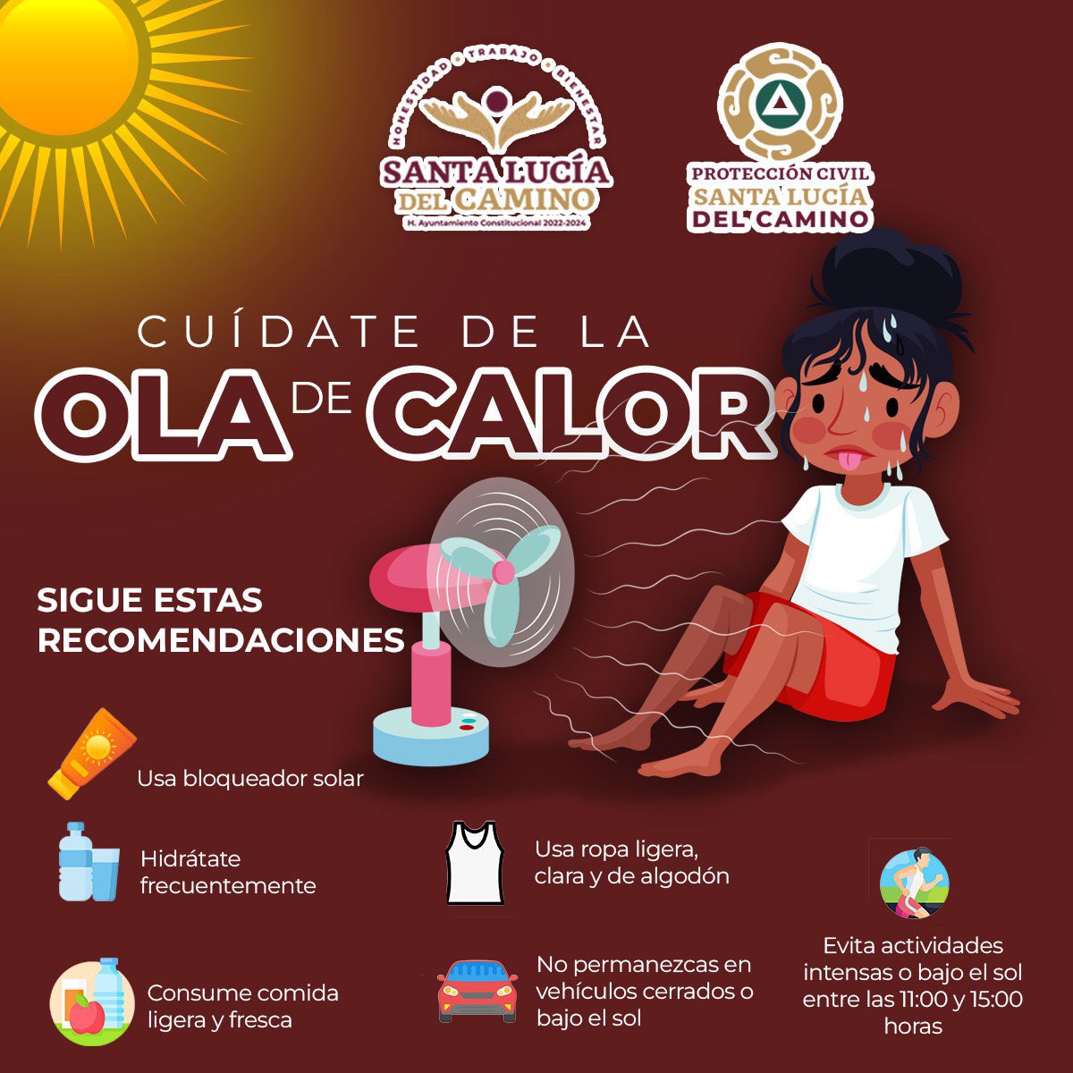 SantaLucia_Ayto's tweet photo. ¡Cuídate de la ola de calor! 🥵 por salud, sigue estas recomendaciones y compártelas con tu familia. #SantaLucíaDelCamino https://t.co/g7Qgll8V8Y