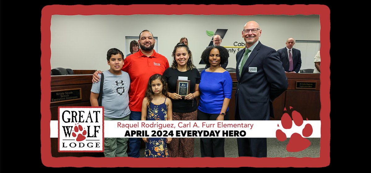 Congratulations to Raquel Rodriguez, the Great Wolf Lodge Everyday Hero Award winner for the month of April, 2024! 🎉🌟 Ms. Rodriguez works as a School Nutrition Cafeteria Manager at Carl A. Furr Elementary. Thank you for being such an incredible Everyday Hero! 🌟