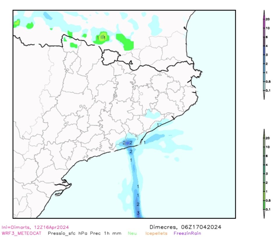 Potser plourà costa i prelitoral entre les Gavarres i el Garraf.
Mitjanit o més probable matinada de 00 a 06 h.
De 1 a 3 mm, algunes zones 5 mm i potser fins a 10 li/m² de forma local.
Matinada 17 #abril2024 
De moment  #Montserrat ja té una forta barretina!