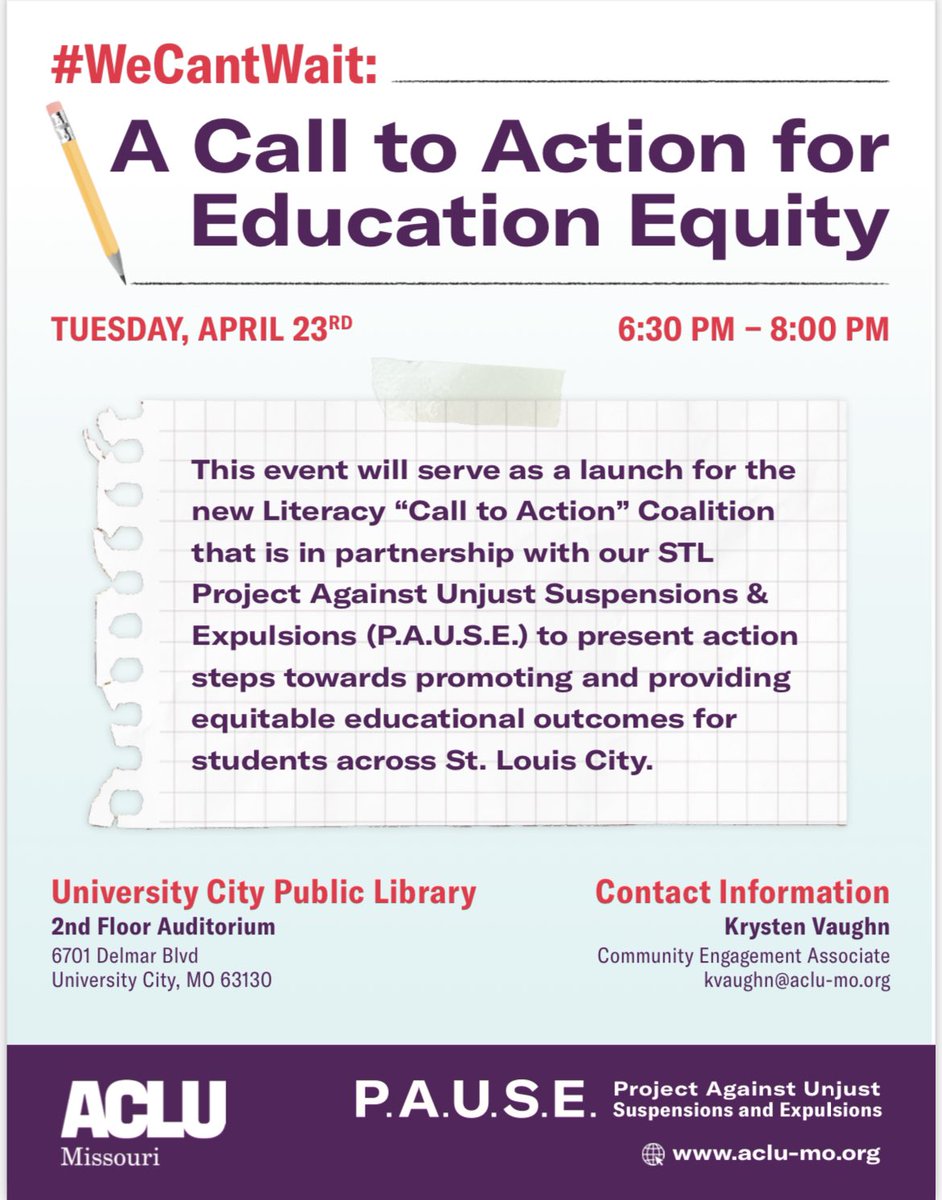 #WeCantWait join us and the ACLU of Missouri in figuring out how to hold our schools accountable for educational equity Tue, 23rd 6:30pm @ university city Library 6701 Delmar blvd RSVP forms.gle/cuipH5cPRWy4Y8…