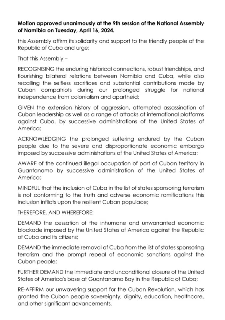 We thank the deputies of the National Assembly of #Namibia🇳🇦 for the Motion approved unanimously in solidarity with the people of #Cuba🇨🇺 in the face of the aggressive policy of the US government. Thanks to the Land of the Braves, you will always be able to count on our support.