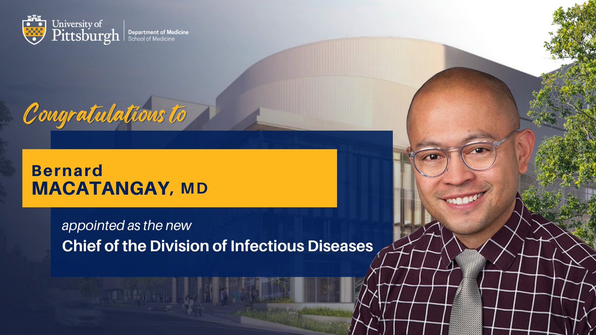 Congratulations to Dr. Bernard Macatangay who has been appointed the new Chief of the Division of Infectious Diseases!🎉🎉🎉

Read more at dom.pitt.edu/bernard-macata…
