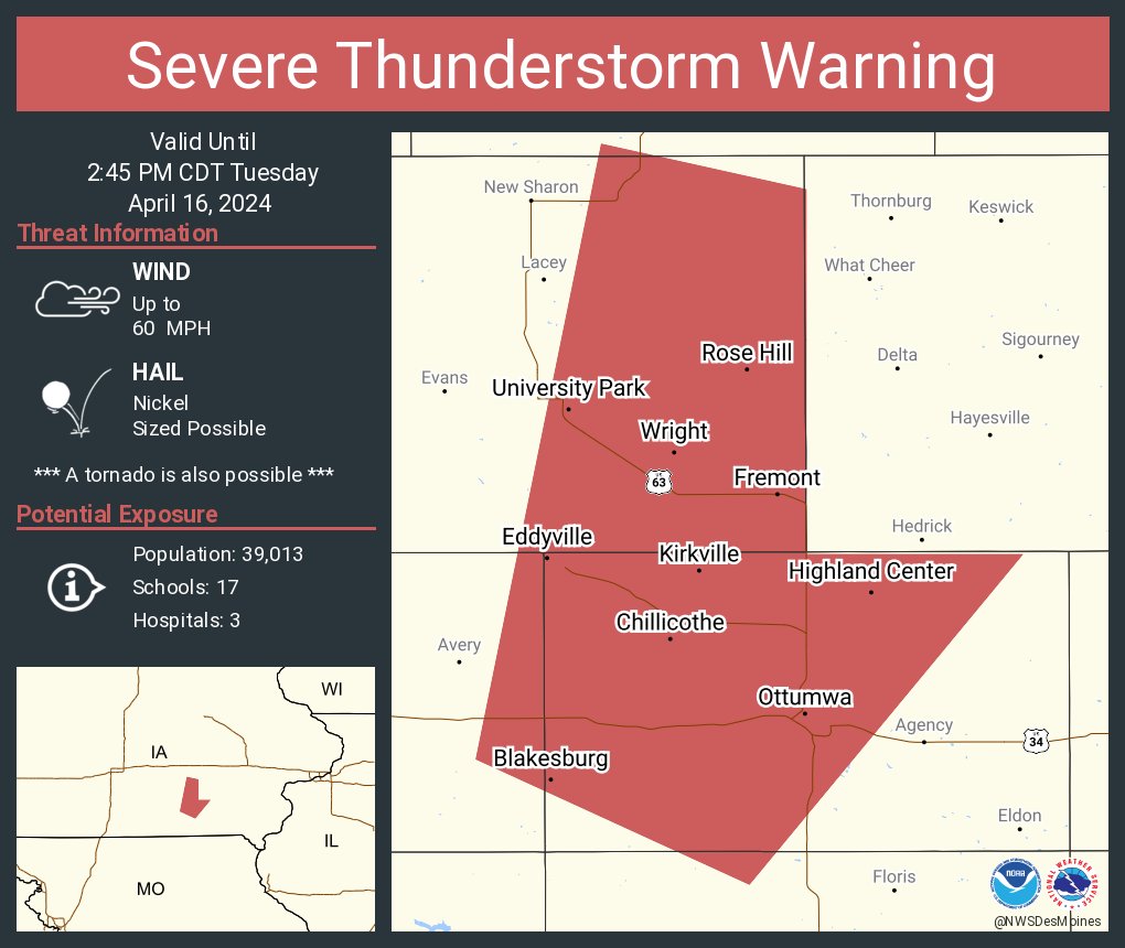 Severe Thunderstorm Warning including Ottumwa IA, Eddyville IA and Fremont IA until 2:45 PM CDT