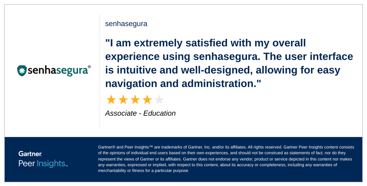 Associate in the Education Industry gives senhasegura 4/5 Rating in Gartner Peer Insights™ Privileged Access Management Market. Read the full review here: hubs.ly/Q02t2wwf0 #gartnerpeerinsights