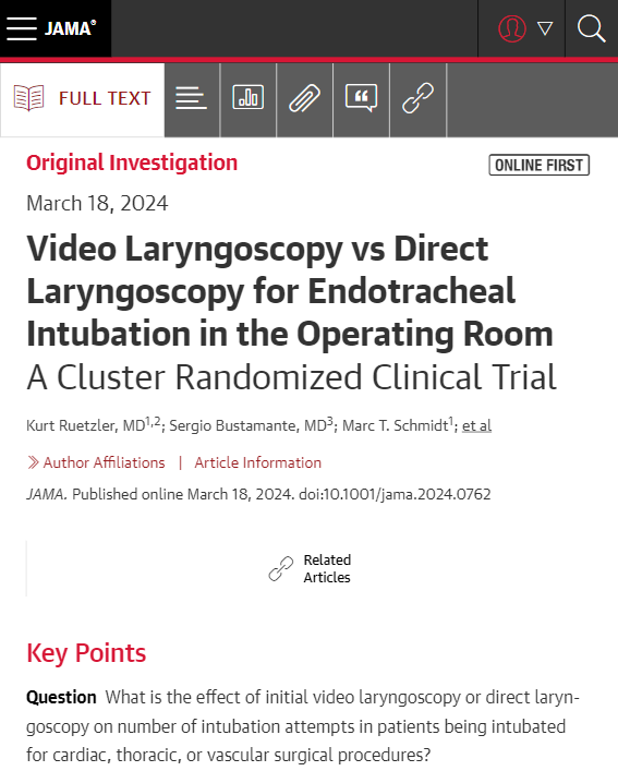 Study results suggest that video laryngoscopy may be a preferable approach for intubating patients undergoing surgical procedures. ja.ma/49JR60h