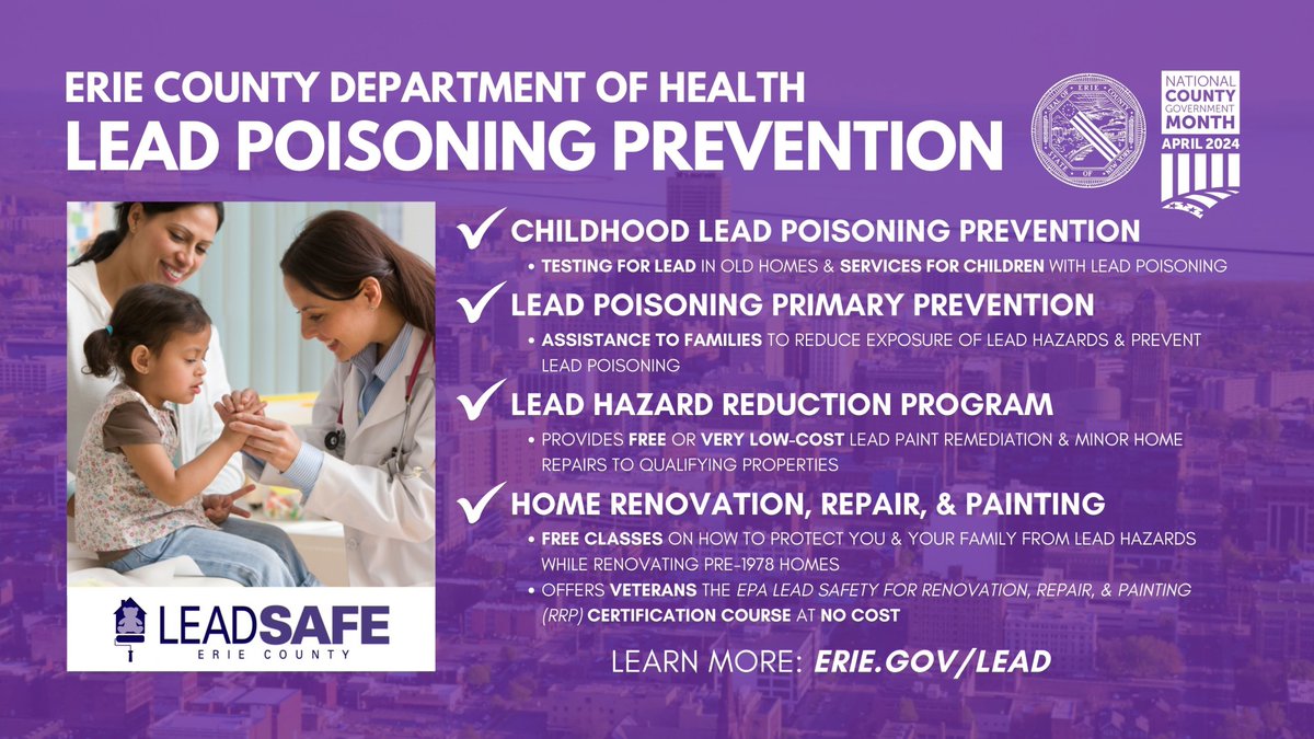 #NationalPublicHealthWeek may be over, but #NationalCountyGovernmentMonth continues! @ECDOH helps prevent #LeadPoisoning thru #LeadSAFE Erie County—a program that includes home lead testing, FREE certification classes for vets, and more. Go to: erie.gov/lead