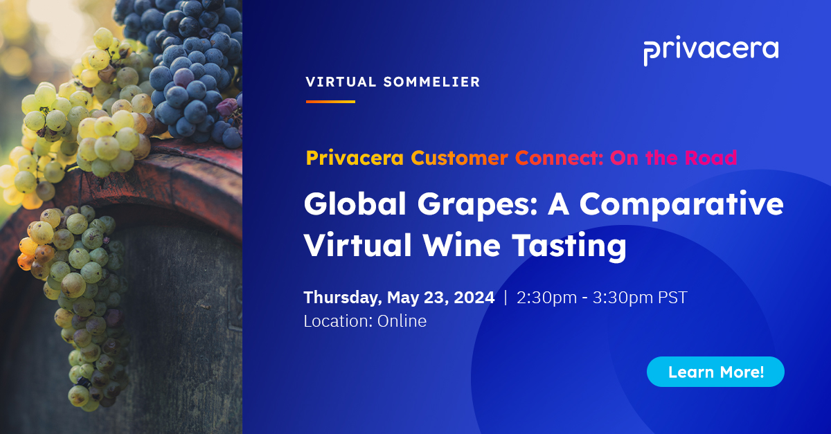 Privacera Customer Connects is featuring 'France: A Journey Through the Heart of Wine Country! Come enjoy meaningful connections with fellow customers and partners at our exclusive mixology event with a Virtual Sommelier.✨

Reserve your spot now: tinyurl.com/29dfdahc