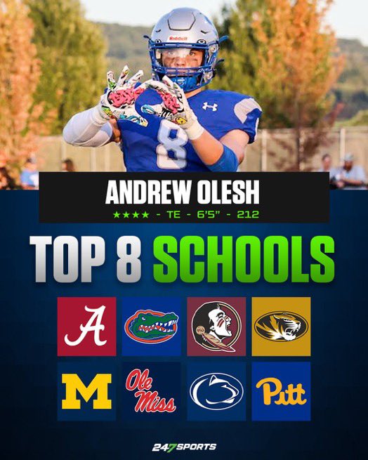 Top 8 Schools 🏠🏠 … 

@AlabamaFTBL 
@UMichFootball 
@PennStateFball 
@MizzouFootball 
@GatorsFB 
@FSUFootball 
@OleMissFB 
@Pitt_FB 

#AGTG
