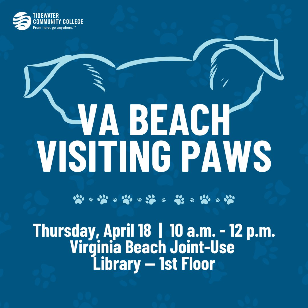 TCCva's tweet image. Let&apos;s raise the woof! 🐕 Head over to the Virginia Beach Joint-Use Library on Thursday, April 18, for a dog-gone good time at the VA Beach Visiting Paws event! 🐾

#TCCva #TCCvb #VirginiaBeach #HamptonRoads #CampusLife #StudentActivities