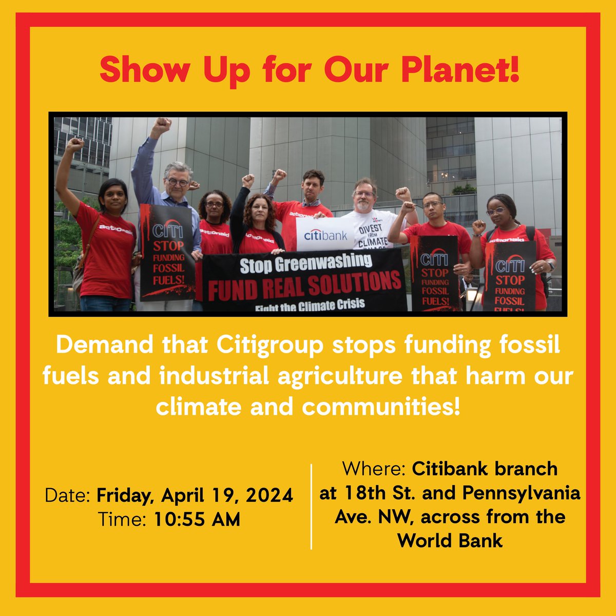 Let's make our voices heard! 📢 Join ActionAid as we take our #FundOurFuture petition to @Citi’s office in DC. 📍 Washington, DC 🗓️ Friday, April 19 🕚 10:55 am #ClimateJustice #Citigroup