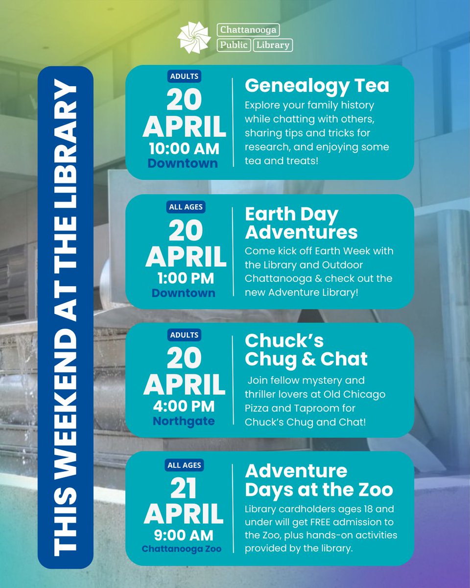 chattlibrary's tweet photo. Here's a lineup of what our branches have planned this weekend! Check out https://t.co/NISOMw4m14 or visit the link in our bio to find out more and to see other upcoming events. #ChattLibrary https://t.co/iW4eTXVvOU