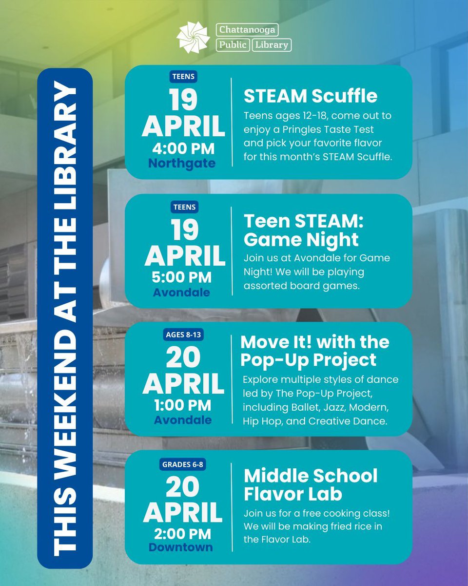 chattlibrary's tweet photo. Here's a lineup of what our branches have planned this weekend! Check out https://t.co/NISOMw4m14 or visit the link in our bio to find out more and to see other upcoming events. #ChattLibrary https://t.co/iW4eTXVvOU