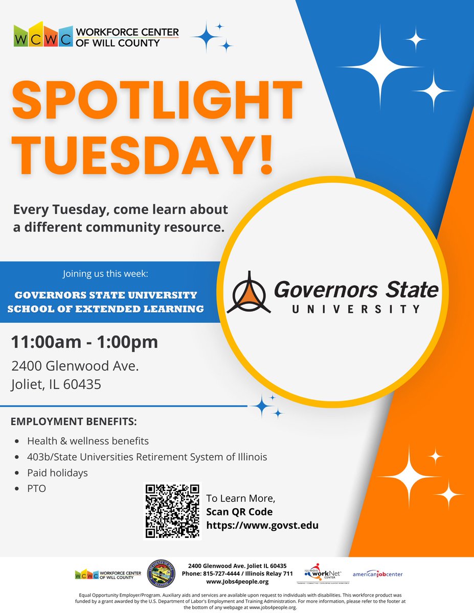 We feature a business and their different resources every Tuesday! Coming up, Governors State University School of Extended Learning on April 23rd from 11AM to 1PM, be sure to register! #SpotlightTuesday #CommunityResources

jobs4people.org/Calendar/detai…