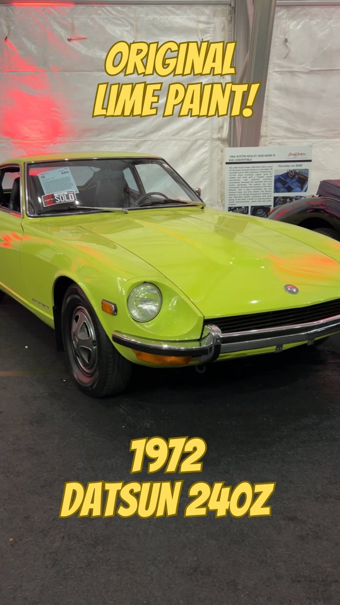 ☆ 1972 Datsun 240Z ☆ This highly original two-owner 240Z only has 59,273 actual miles! #barrettjackson #datsun #240z #collectorcars #limepaint #classiccars #v6 #Tokico #Hitachi