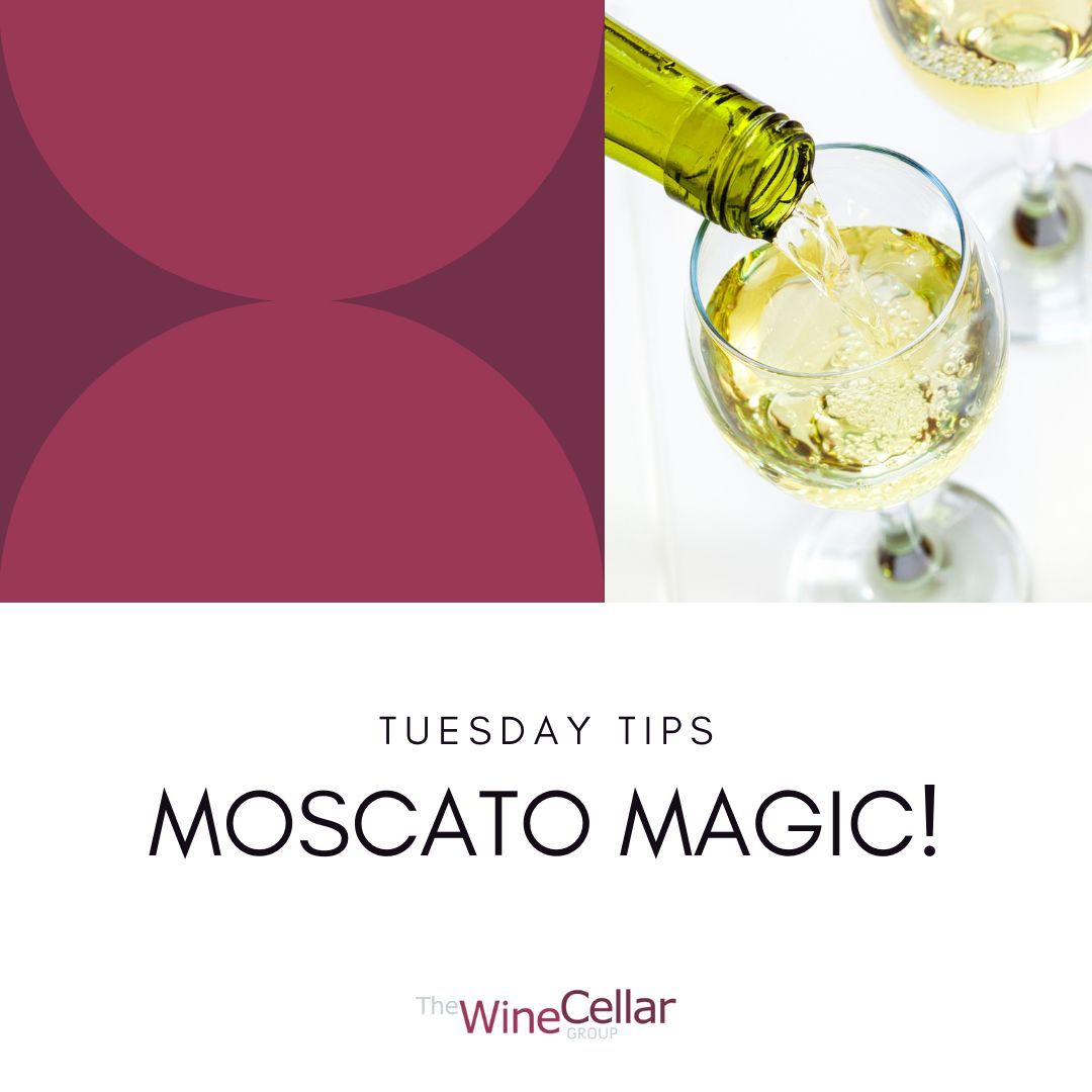 Just a few reasons we're into the magic of Moscato wine:
🍑 sweet aromas of peaches, fresh grapes, orange blossoms, & crisp Meyer lemons
🍇 made from Muscat grapes
🍽️ offers versatile pairings because it is low in alcohol 
#TuesdayTips #WineFacts #TheWineCellarGroup