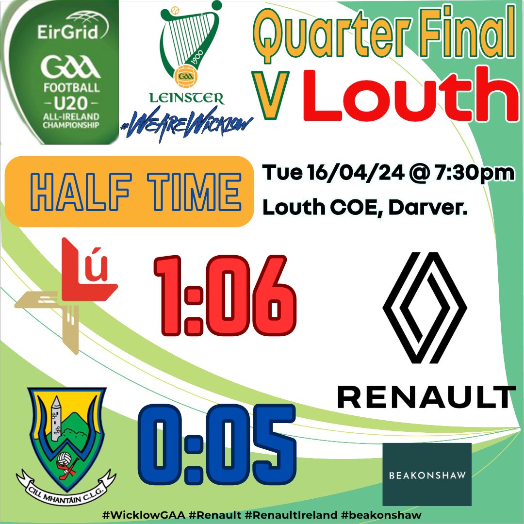 EirGrid Leinster U-20 Championship Quarter-finals Wicklow 0:05 Louth 1:06 Half Time in Louth #GAA #Renault #EirGrid #RenaultIreland #Echelon #Beakonshaw #WeAreWicklow