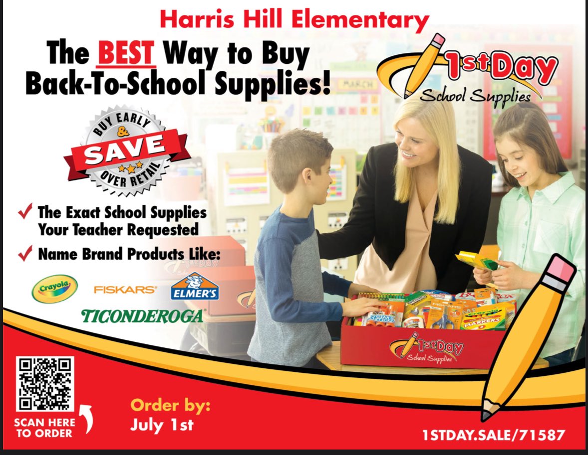 HarrisHillPTA's tweet photo. 📣 A NEW SERVICE brought to you by your HH PTA!  Our partner, 1st Day School Supplies, will be putting together the exact supplies your teacher requested packaged all in one beautiful box.

ORDER NOW —> https://t.co/WfqfokAvCg https://t.co/yyAelfNHVU