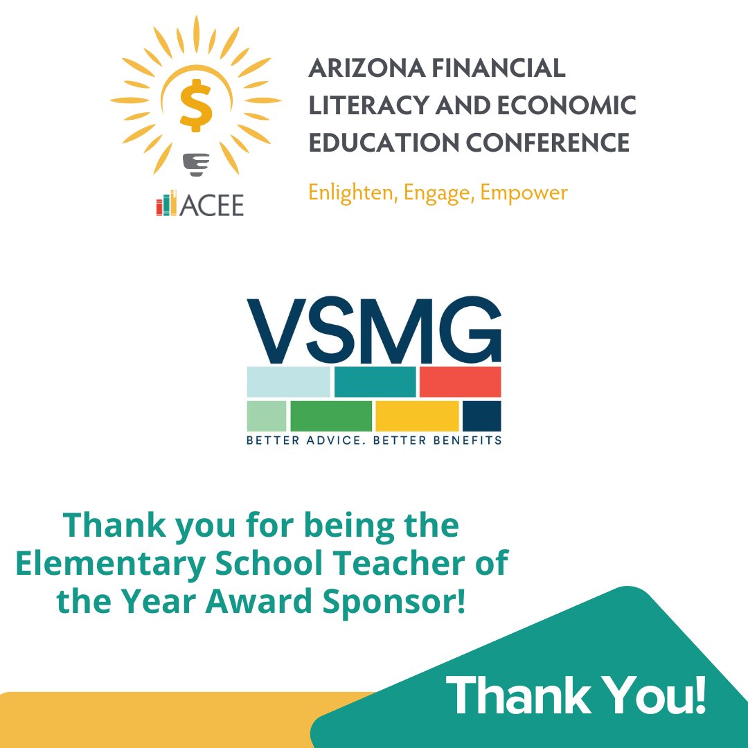 A big thank you to VSMG for their generous support as the Elementary Teacher of the Year Award sponsor. Your support celebrates the dedication and passion of outstanding educators. #CommitToFinLitAZ #ACEEConference2024