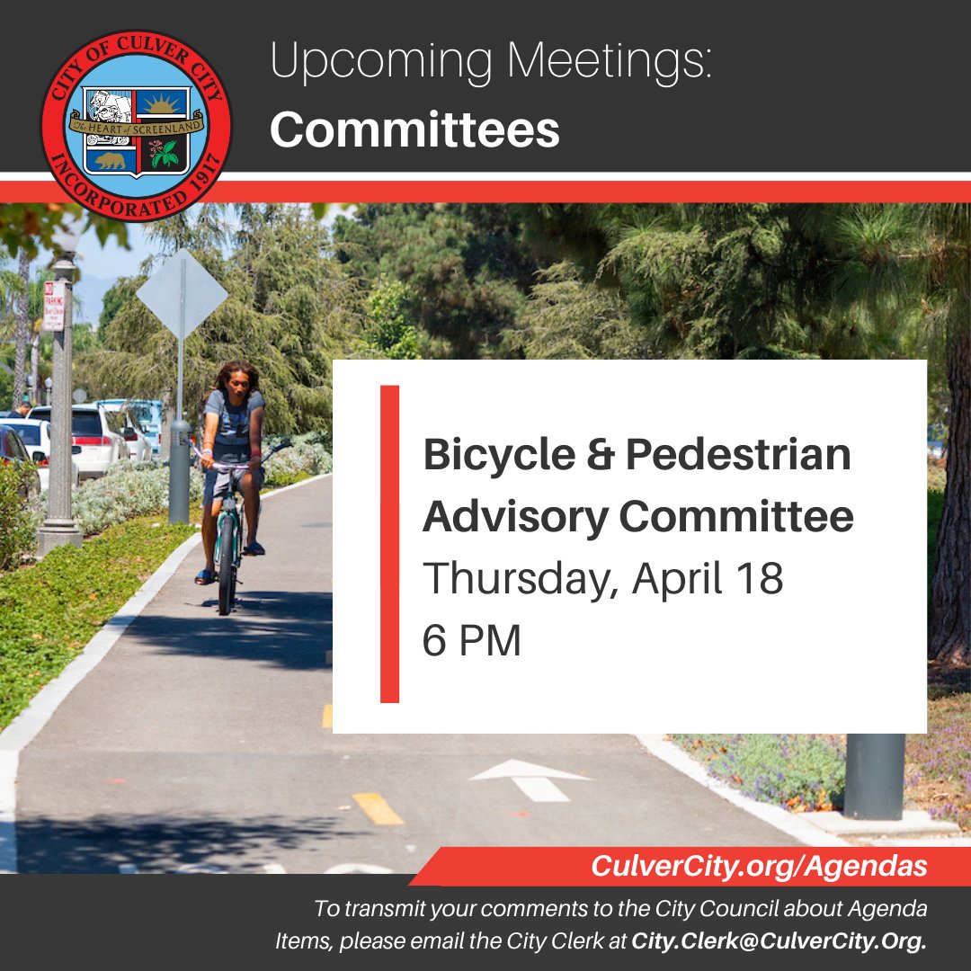 The agenda is now available for the #CulverCity Bicycle & Pedestrian Advisory Committee Meeting on Thursday, April 18 at 6 PM in the Dan Patacchia Meeting Room. For more information, visit: bit.ly/4aWDKPn