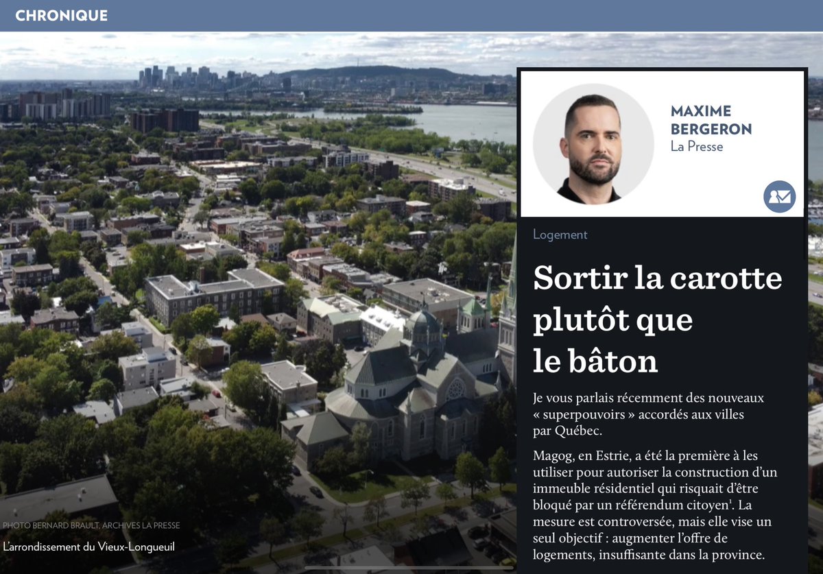 Zonage incitatif: «Cette nouveauté, proposée par la mairesse de Longueuil, @CathFournierQc, et accueillie à bras ouverts par Québec, représente un développement important dans la crise actuelle du logement.» Pour lire le texte de @maxbergeron 👉🏼 plus.lapresse.ca/screens/d235db… #polmun