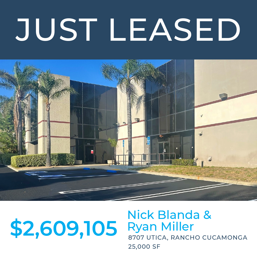 Congrats to Nick Bland & Ryan Miller for closing the $2.6M lease of this 25,000 SF Rancho Cucamonga building repping the tenant. Cheers!

#voitrealestate #crebroker #realestate #commercialrealestate #socalrealestate #commerciallease #industrial #tenantrepresentation #inlandempire