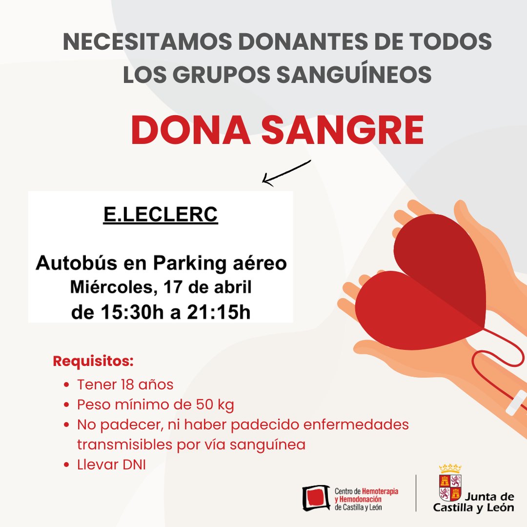 Mañana, de 15:30 a 21:15h, ¡dona sangre en nuestro parking superior del hipermercado! 🩸

¿Te animas? 👏🏻

#donasangre #leclercsalamanca #eleclerc #eleclercsalamanca #donaciondesangre