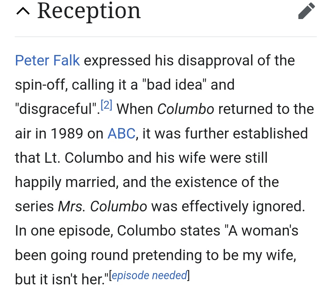 I love that the much loathed Mrs. Columbo spin-off where Columbo's wife divorces him and solves murders on her own is still technically canon as the story of an insane woman who pretends to be Mrs. Columbo