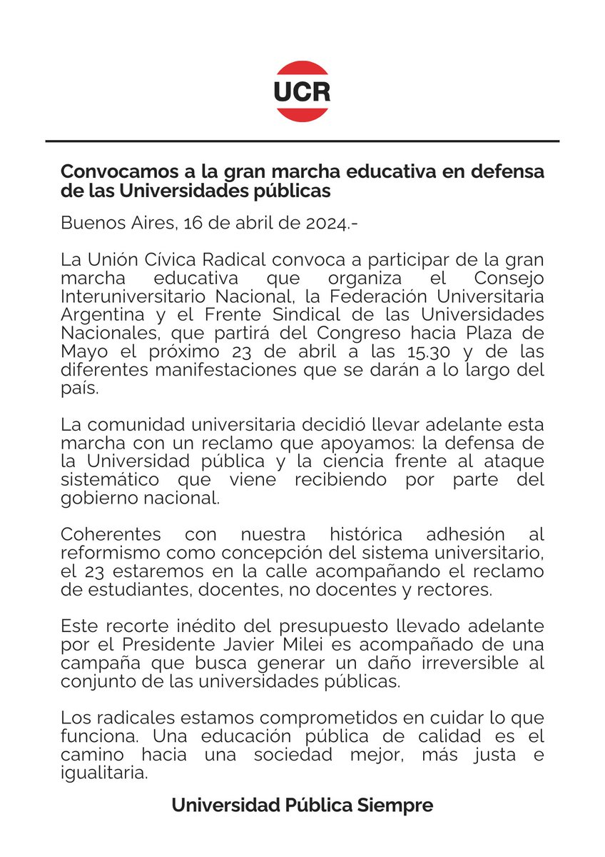 Convocamos a la gran marcha educativa en defensa de las Universidades públicas.