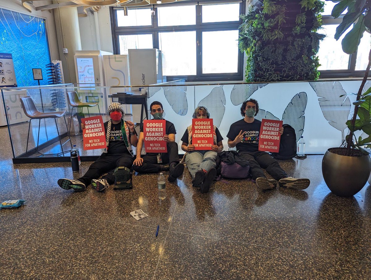 @GOOGLE WORKER COAST TO COAST SIT IN UPDATE HOUR 3— Workers remain steadfast in their commitment to remain inside @googlecloud CEO thomas kurian’s office and google HQ NYC until they drop Project Nimbus or are arrested SUPPORT WORKERS: notechforapartheid.com