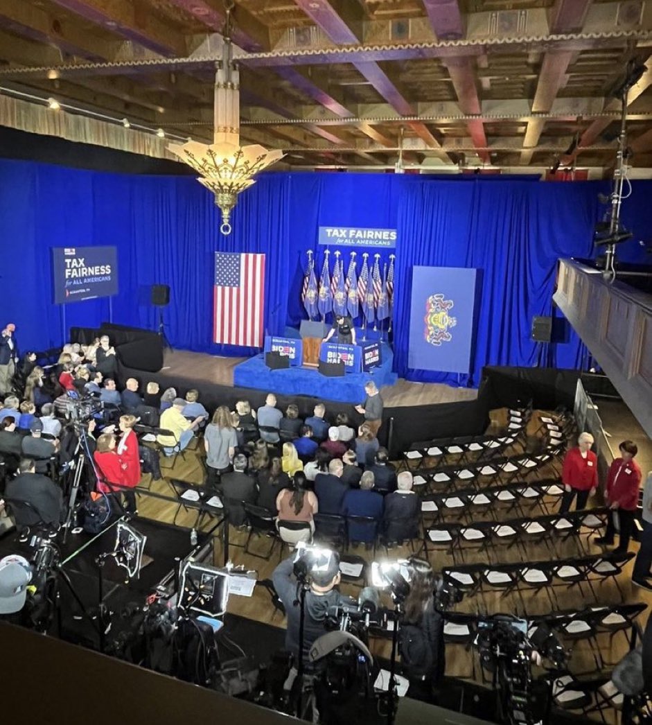 Here is the “crowd” that showed up in Joe Biden’s hometown of Scranton Pennsylvania today. Note how the Biden campaign had to put up curtains to make the room smaller. There are more reporters in the room than “Biden supporters” Joe Biden is not real.