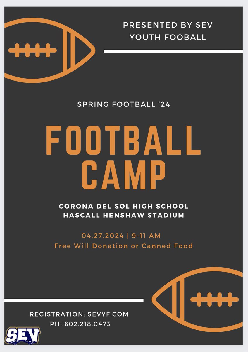SEV Youth Football League (@sevyfootball) on Twitter photo April 27, 9-11! Get ready for an awesome camp featuring <a href="/cdsfootball1/">CDS Football</a> players and staff! Position groups and combine events for kids of all ages and skills! Register on our website!
<a href="/CoachBarro/">Jake Barro</a> <a href="/CdS_Football/">CDS Touchdown Club</a> <a href="/AZPreps365/">AZPreps365</a> <a href="/TUHSD_News/">TUHSD News</a> #fearthespear April 27, 9-11! Get ready for an awesome camp featuring <a href="/cdsfootball1/">CDS Football</a> players and staff! Position groups and combine events for kids of all ages and skills! Register on our website!
<a href="/CoachBarro/">Jake Barro</a> <a href="/CdS_Football/">CDS Touchdown Club</a> <a href="/AZPreps365/">AZPreps365</a> <a href="/TUHSD_News/">TUHSD News</a> #fearthespear