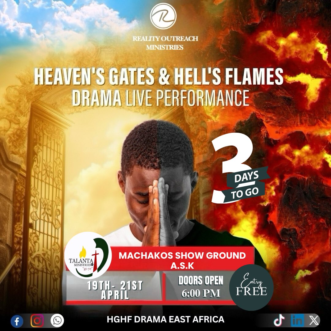 Season finale.!
3 days to go.

Are you ready.?

#ReachingTheNations
#Machakos
#CommunityImpact 
#ContentCreation
#Partnership 
#RealityStrikes
#OneProductionAtaTime
#Stageplays
#LiveDrama #JesusLovesYou
#Fundraising
#TransformingLives
#Takingcitiesforthekingdom