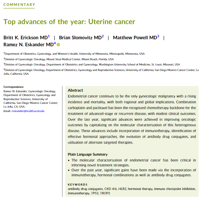 Just published! Top advances of the year: Uterine cancer acsjournals.onlinelibrary.wiley.com/doi/full/10.10… Over the last year, significant advances were achieved in improving oncologic outcomes by capitalizing on the molecular characterization of this heterogenous disease. These advances include:…