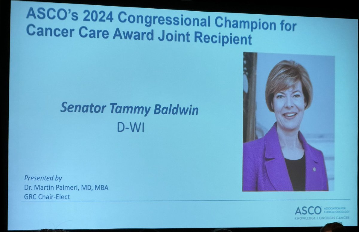 Congratulations, @SenatorBaldwin (D-WI), on being named an @ASCO Congressional Champion for #CancerCare!!! So please that your efforts to improve equitable care have been recognized at #ASCOAdvocacySummit 2024!!